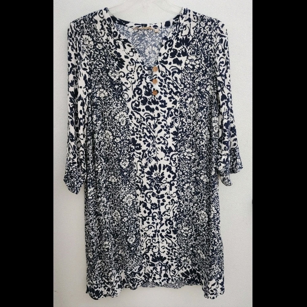 Soft Surroundings Shift Dress Size 1X Blue Rayon Boho Coastal 3/4 Sleeves Knee L